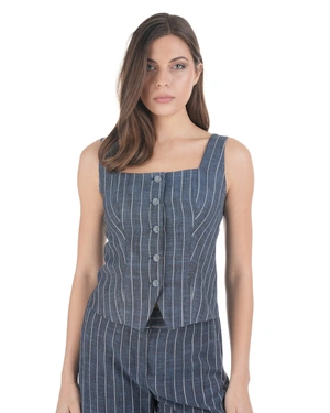 Blue striped fitted viscose-linen tailored vest | Jackets and Blazers - 3