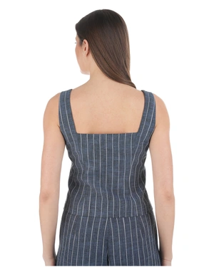 Blue striped fitted viscose-linen tailored vest | Jackets and Blazers - 4