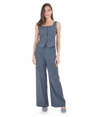 Blue striped linen and viscose trousers | Trousers - 10
