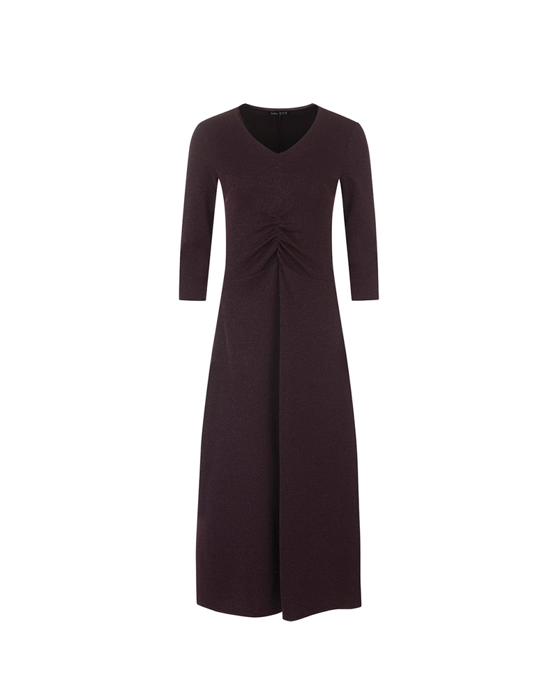 Burgundy dress with draped detail and metallic effect | Dresses