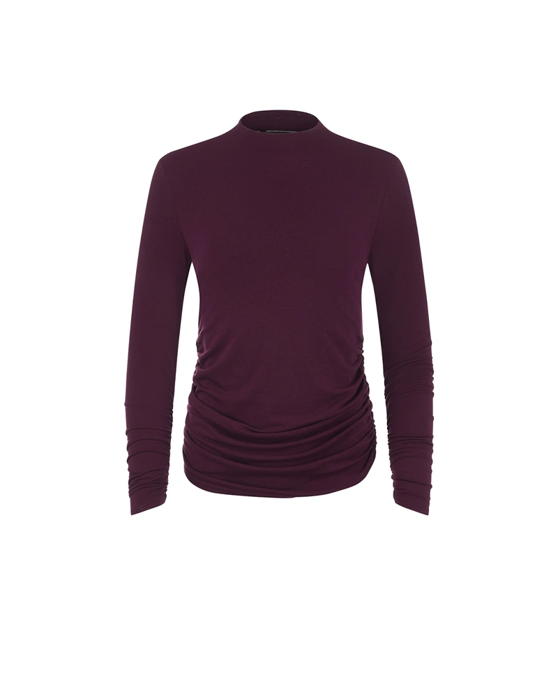 Burgundy long-sleeve top with gathered detail | T-shirts and Tops