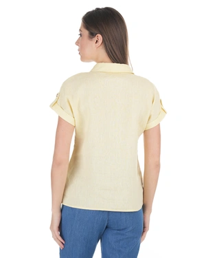 Butter-yellow short-sleeved linen blouse with an open collar | Blouses - 2