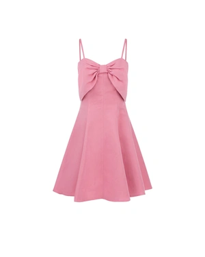 Candy pink strap dress with a bow neckline, made of linen and viscose | Dresses - 7