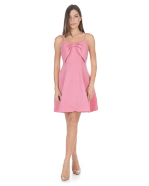 Candy pink strap dress with a bow neckline, made of linen and viscose | Dresses - 8