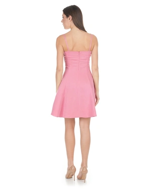 Candy pink strap dress with a bow neckline, made of linen and viscose | Dresses - 10