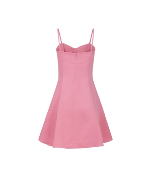 Candy pink strap dress with a bow neckline, made of linen and viscose | Dresses - 11