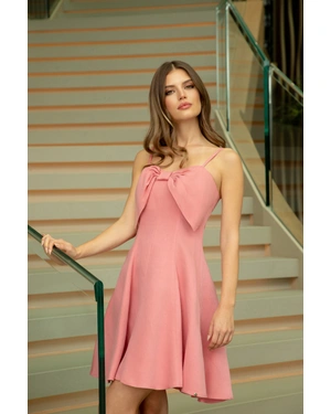 Candy pink strap dress with a bow neckline, made of linen and viscose | Dresses - 13