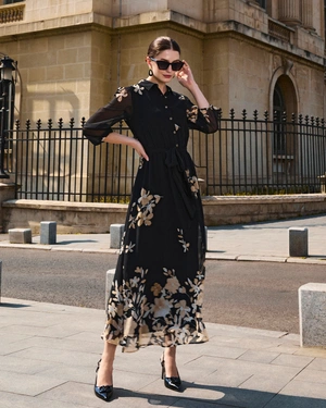 Chiffon shirt dress with beige floral print |  - 3