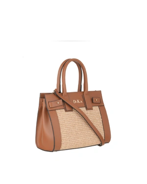 Chocolate brown leather bag with raffia detail | Bags - 1
