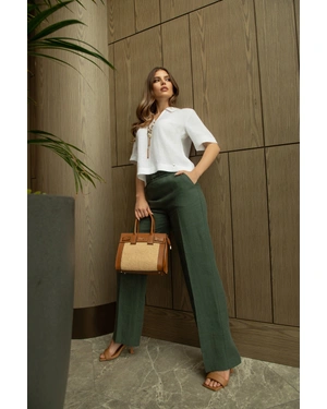 Chocolate brown leather bag with raffia detail | Bags - 3