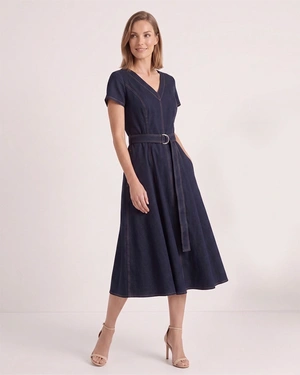 Classic blue denim dress with V-neckline | Dresses - 1