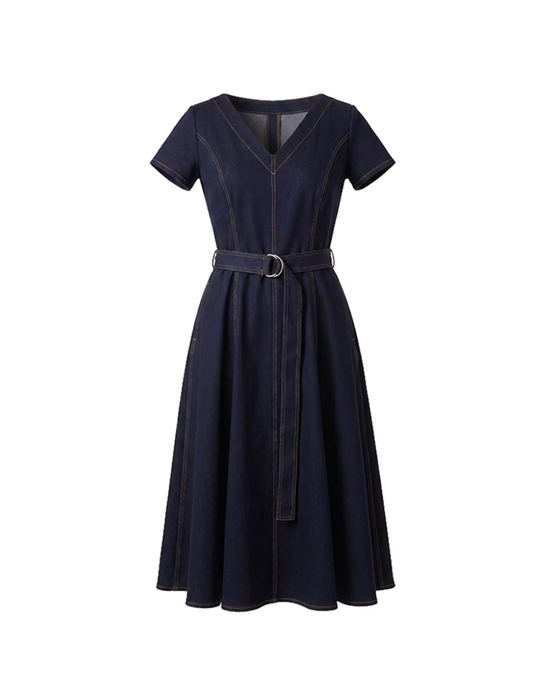 Classic blue denim dress with V-neckline | Dresses