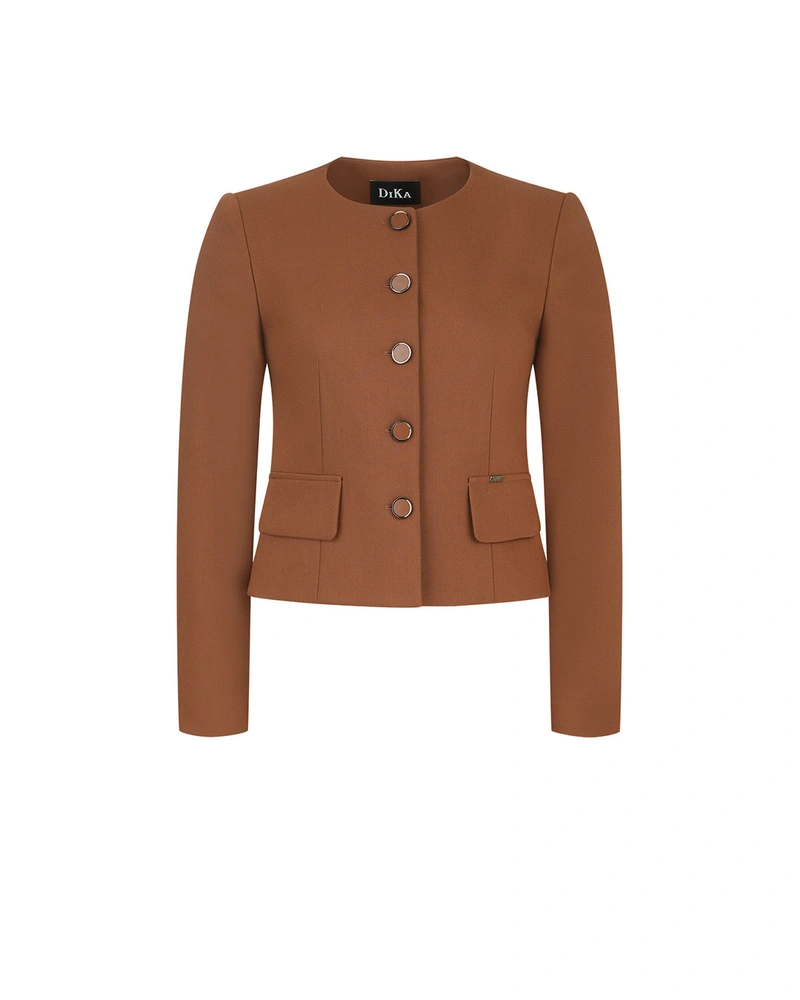 Classic brown blazer with round neckline, no lapels, single-breasted closure | Jackets and Coats