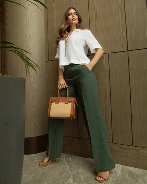 Classic straight-leg linen trousers in olive green | Trousers - 1