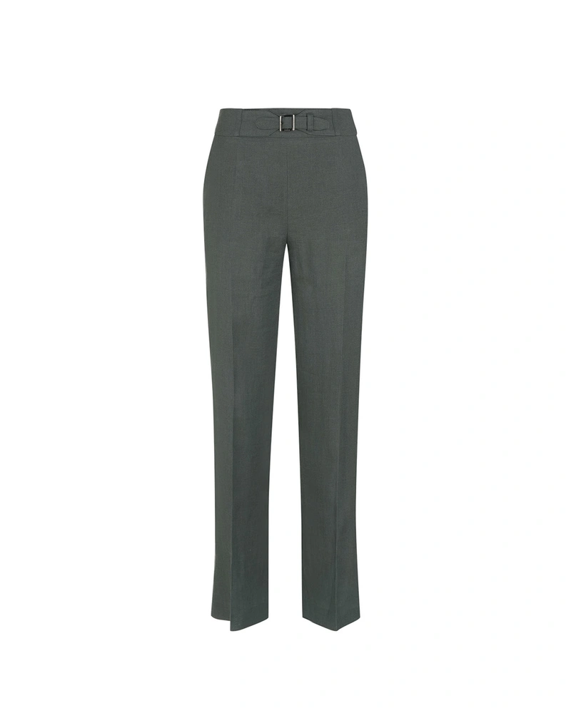 Classic straight-leg linen trousers in olive green | Trousers