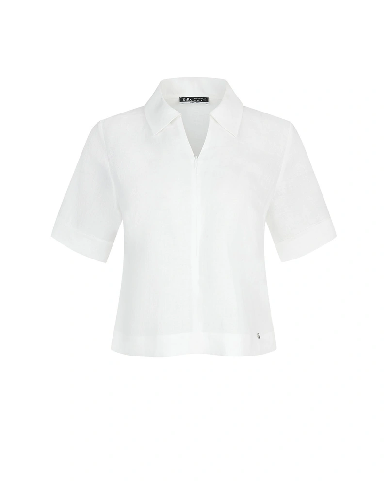 Classic white linen short-sleeved shirt with a collar and hidden zipper | Blouses