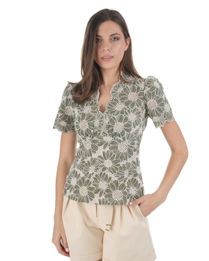 Памучна блуза с V-образно деколте и контрастна флорална бродерия в зелено | Колекция 100% Памук и Лен - 9