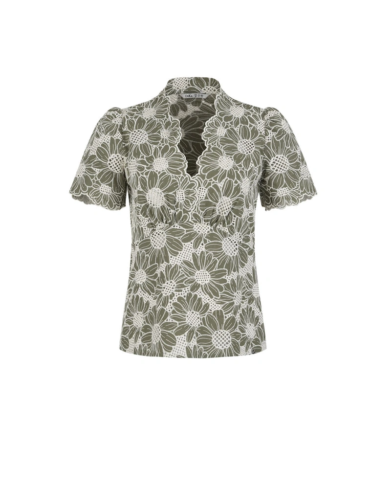Cotton blouse with a V-neckline and contrasting floral embroidery in green | Blouses