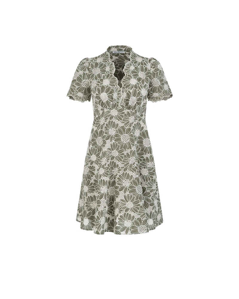 Cotton dress with a V-neckline and contrasting floral embroidery in green | Dresses