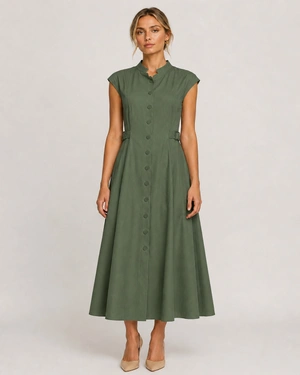 Cotton shirt dress in khaki with shaping seams | Dresses - 1