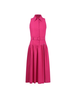 Rochie-cămașă din bumbac, cu talie definită, de culoare fuchsia | NOUTATI