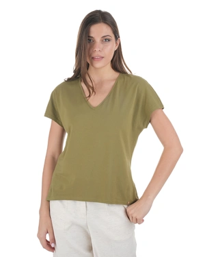 Cotton V-neck T-shirt in khaki | Tshirts and Tops - 1
