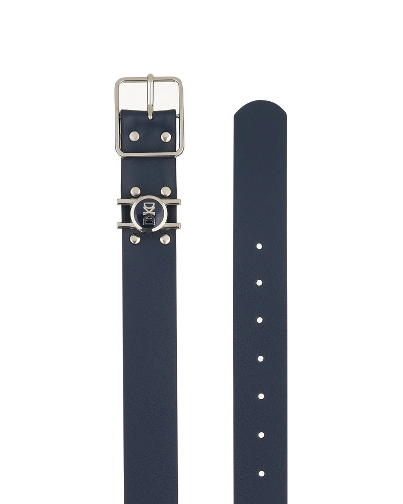 Dark blue belt with square buckle and loop with stylized logo in silver and dark blue | Belts