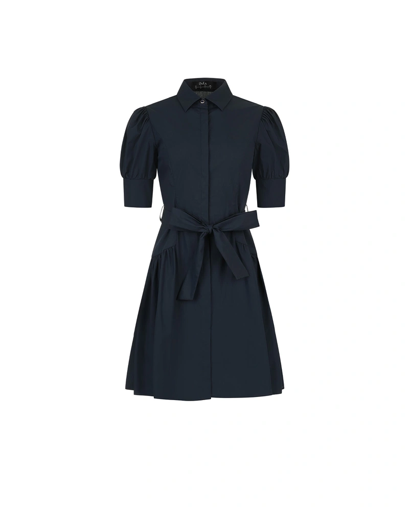 Dark blue cotton dress with puff sleeves | OUTLET SUMMER