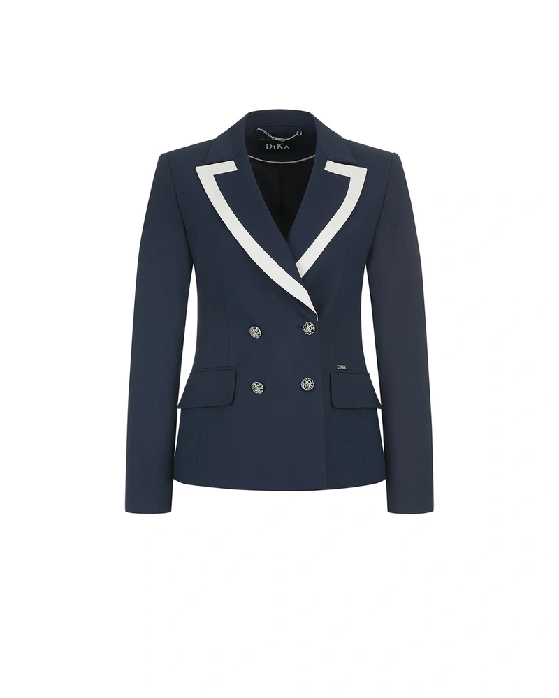 Dark blue double-breasted business blazer with white piping on the lapel | Business