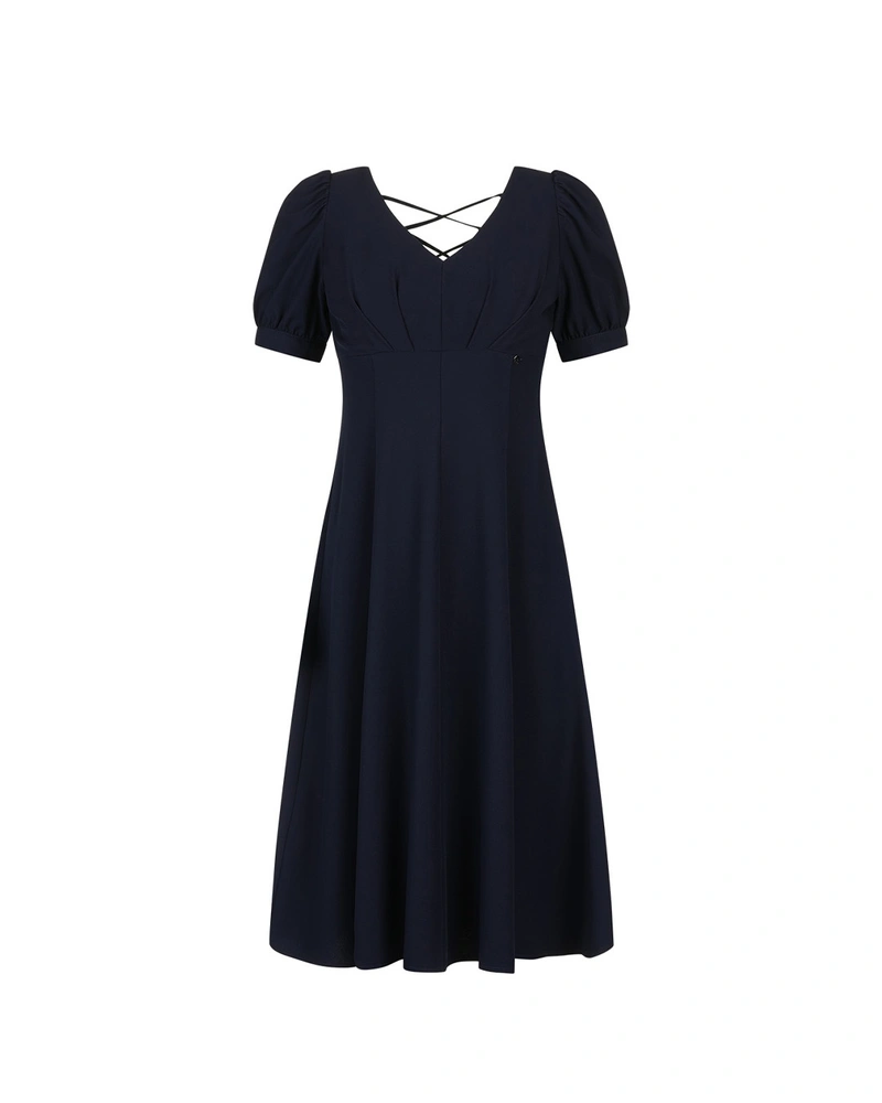 Dark blue dress with short puffed sleeves and a defined waist | Dresses