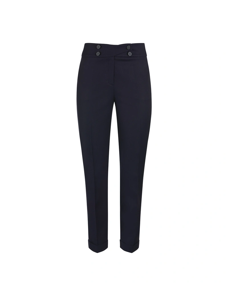 Pantaloni bleumarin cu talie înaltă, conici și tiv lat | Pantaloni