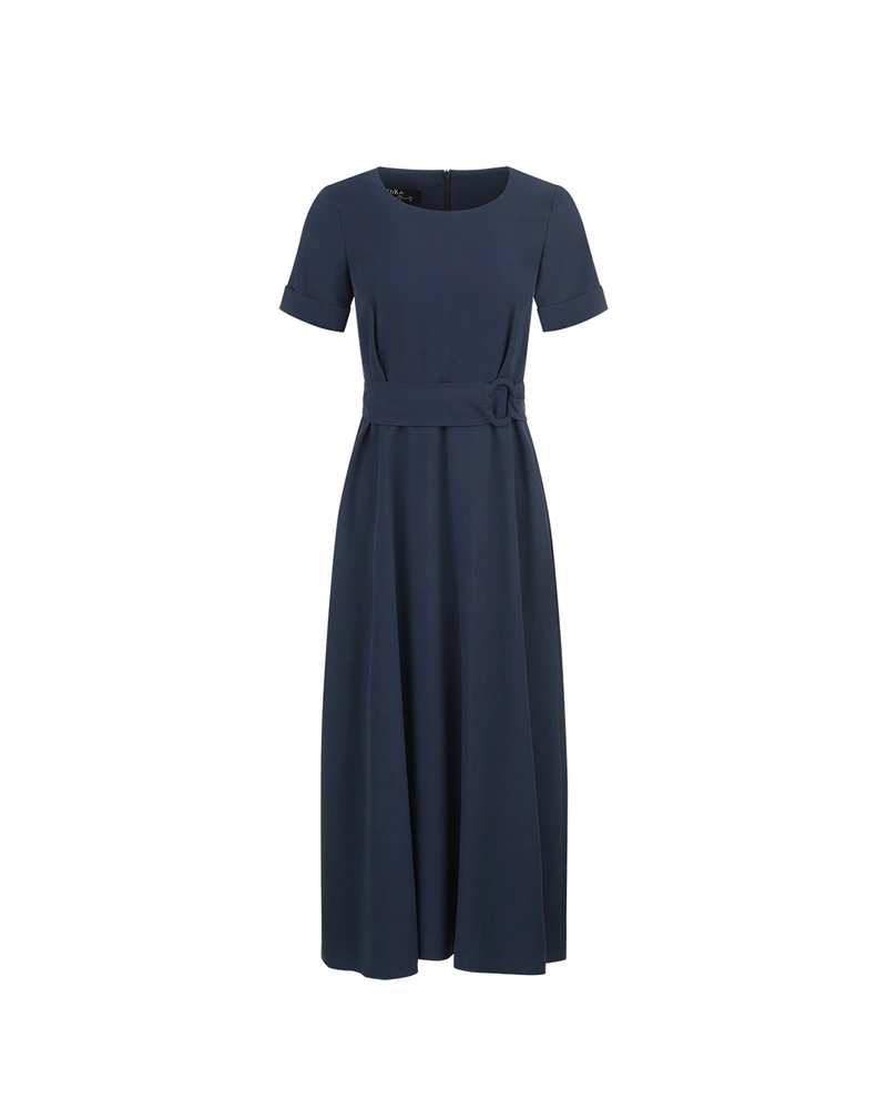 Dark blue maxi dress with a belt and round neckline from viscose | Dresses