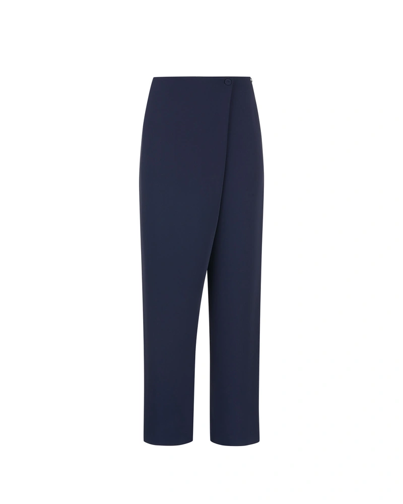 Dark blue trousers with wide leg and elegant drape at the top | Trousers