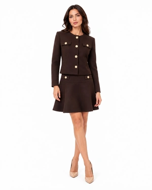 Dark brown fitted wool blazer with decorative gold-tone buttons | Jackets and Blazers - 1
