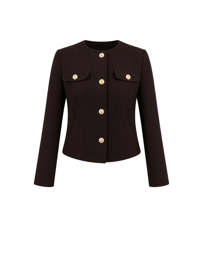 Dark brown fitted wool blazer with decorative gold-tone buttons | Jackets and Blazers