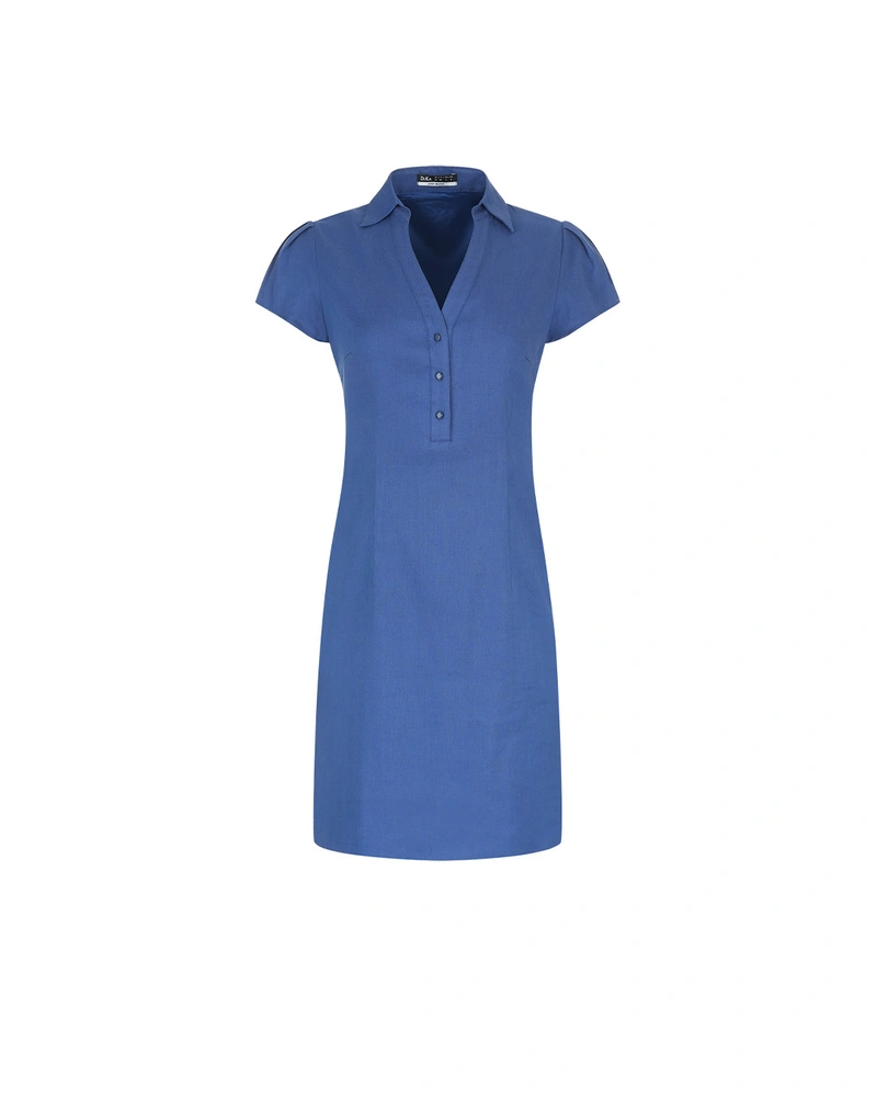 Denim blue linen shirt-style dress with short sleeves | NEW