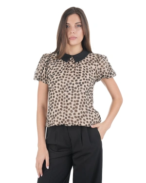 Elegant beige blouse with geometric black print and black collar | Blouses | Dika.ge - 2 Elegant beige blouse with geometric black print and black collar | Blouses - 2
