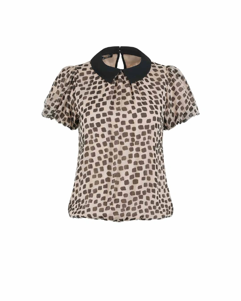 Elegant beige blouse with geometric black print and black collar | Blouses