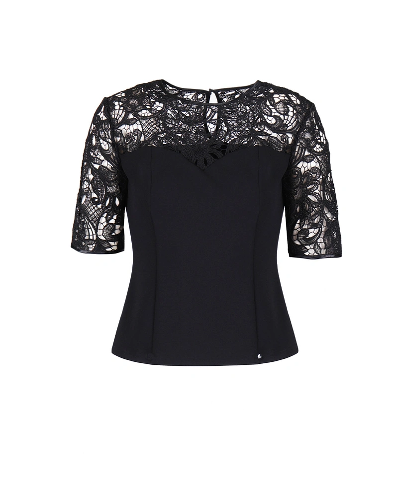 Bluză neagră elegantă cu top din dantelă | Bluze