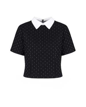 Elegant black cotton tweed blouse with white collar | Blouses - 2