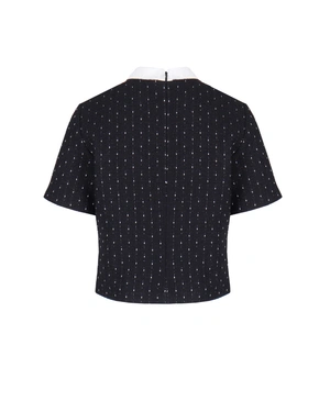 Elegant black cotton tweed blouse with white collar | Blouses - 3