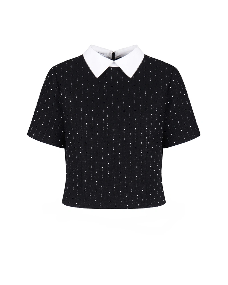 Elegant black cotton tweed blouse with white collar | T-shirts