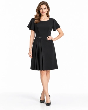 Elegant black dress with a clean silhouette and pleated detail | Dresses - 1