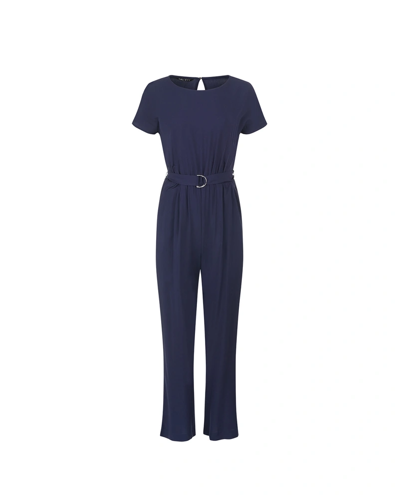 Elegant dark blue 100% viscose jumpsuit with a belt | Jumpsuites
