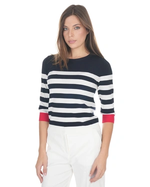 Elegant dark blue nautical striped top with a red accent | Casual - 11