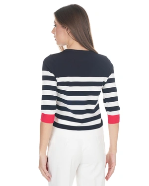 Elegant dark blue nautical striped top with a red accent | Casual - 12