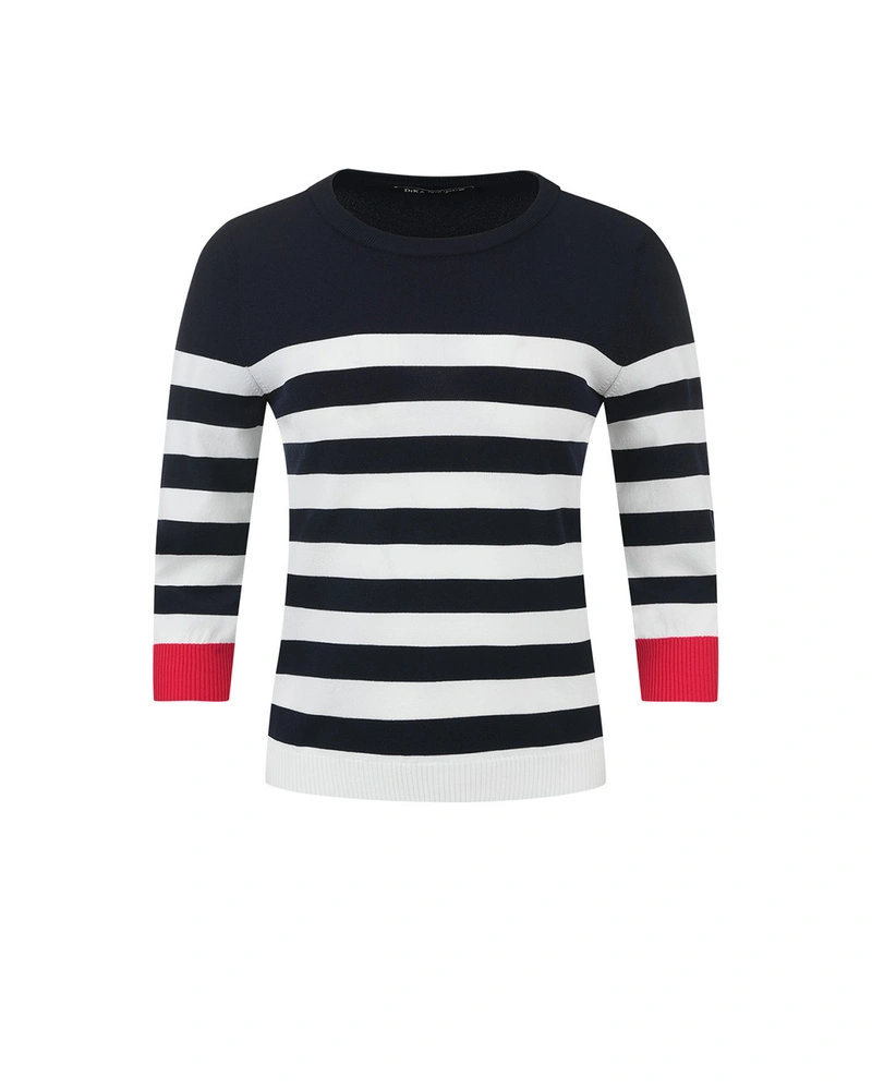 Elegant dark blue nautical striped top with a red accent | Knitwear