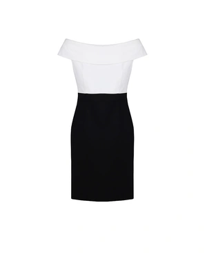 Elegant dress with dropped shoulder in white and black | Dresses - 2
