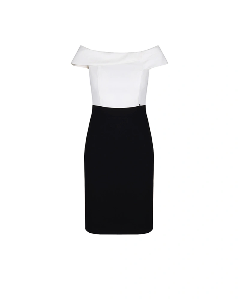 Elegant dress with dropped shoulder in white and black | Dresses