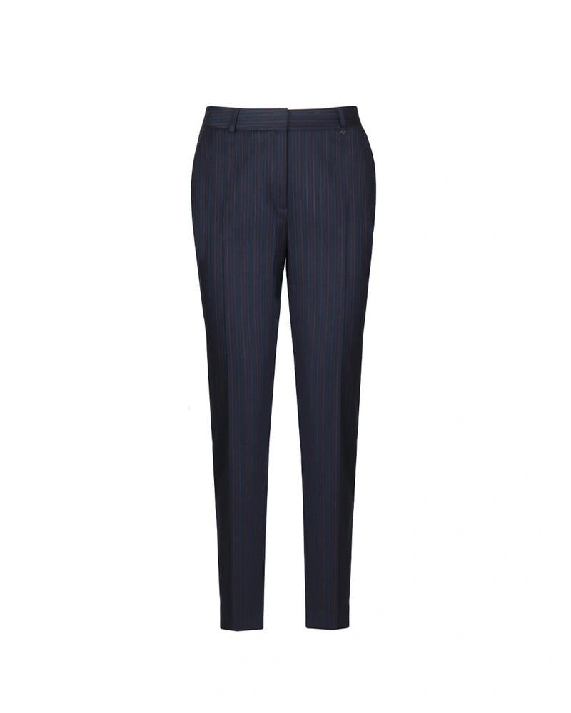 Elegant navy blue business trousers with a tapered leg and very fine stripes | Trousers